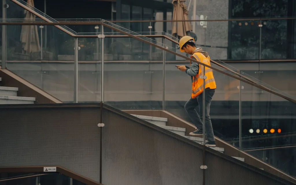 A construction worker in a hi-vis vest and hard hat checking a phone on site steps