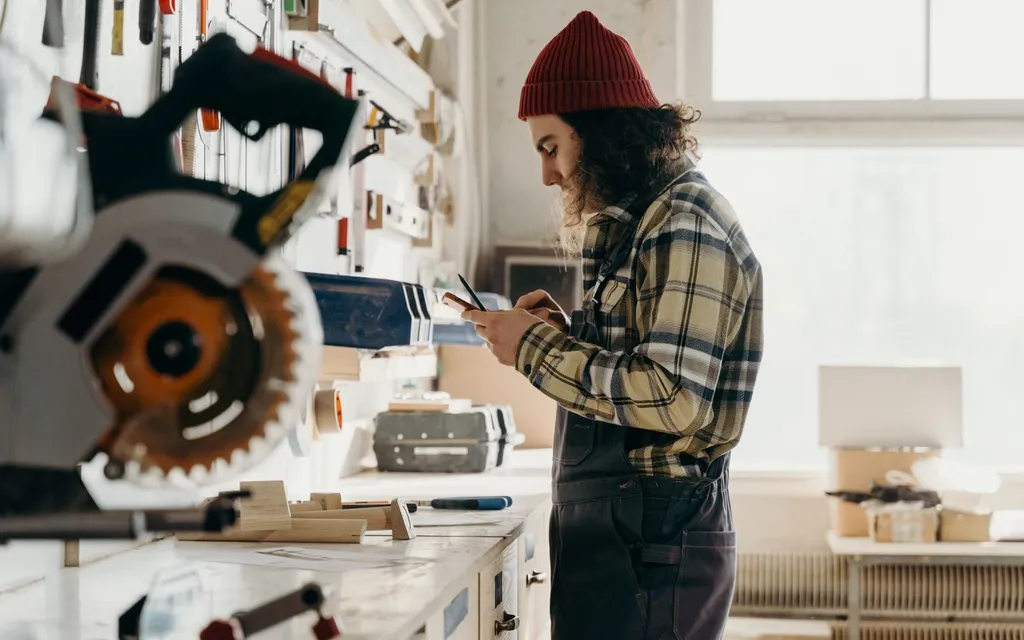 A carpenter in a workshop checking a phone beside a mitre saw