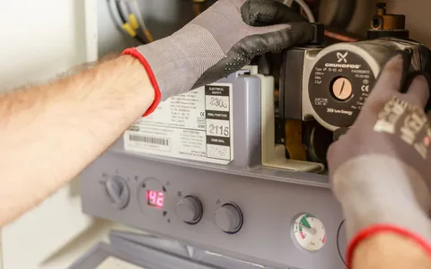 Heating engineer servicing the internal components and pump of a gas boiler