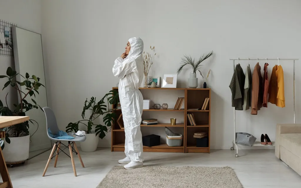 A technician putting on a white protective coverall suit