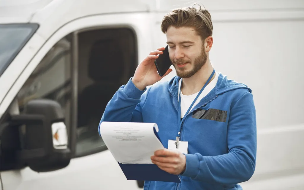 Removals worker taking a phone call beside his van while checking a job sheet